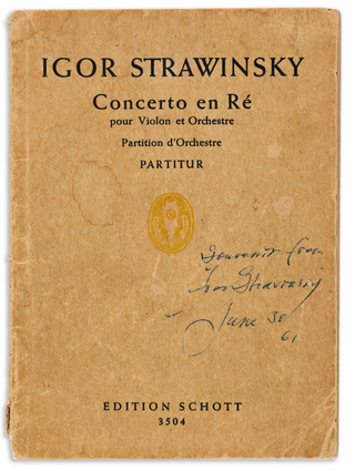 Stravinsky, Igor. (1882–1971) Concerto en ré pour Violon et Orchestre...Partition d'Orchestre. SIGNED SCORE