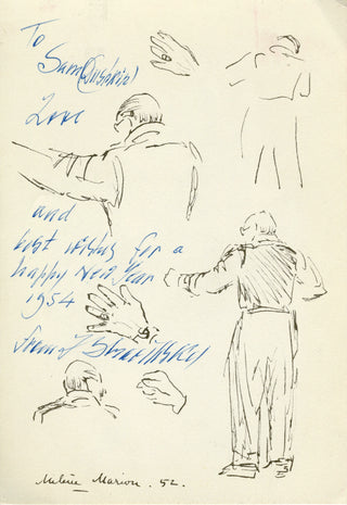 Stravinsky, Igor. (1882–1971) [Dushkin, Samuel. (1891–1976)] Signed Holiday Greeting to Sam Dushkin with Drawings of Stravinsky Conducting