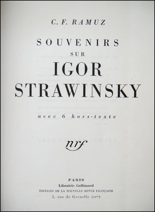 [Stravinsky, Igor. (1882–1971)] Ramuz, Charles-Ferdinand. (1878–1947) Souvenirs sur Igor Strawinsky