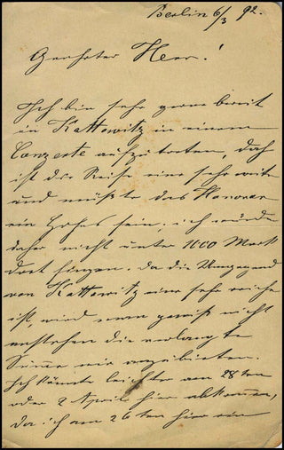 [Wagner, Richard. (1813–1883)] [WAGNERIAN SINGERS] Sucher, Rosa. (1849–1927) Autograph Letter