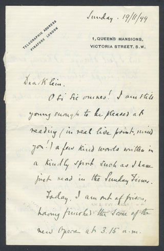 Sullivan, Arthur. (1842–1900) [Klein, Herman. (1856–1934)] Autograph Letter - "I hope they won't take a foreigner as my successor"