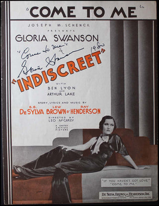 [Film] Swanson, Gloria. (1899–1983) "Come To Me" - Signed Sheet Music