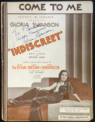 Swanson, Gloria. (1899–1983) "Come to Me" - Signed Sheet Music