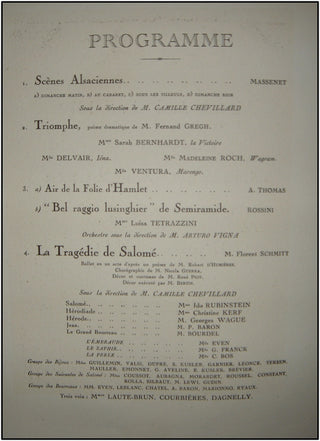 [Bernhardt, Rubinstein, Tetrazzini, Chenal] Syndicat de la Presse Parisienne. Matinee du 1er Avril 1919...au profit des Departements liberes.  SIGNED