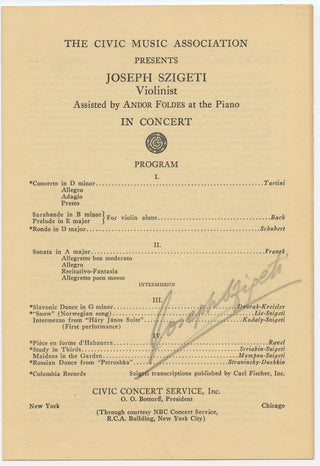 Szigeti, Joseph. (1892–1973) Signed Program