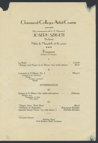 Szigeti, Joseph. (1892–1973) & Magaloff, Nikita. (1912–1992) Signed Program