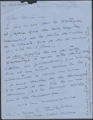 Tailleferre, Germaine. (1892–1983) [Thibaud, Jacques. (1880–1953)] Autograph Letter to Thibaud about Violin Sonata no. 1