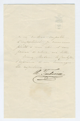 Tamburini, Antonio. (1800–1876) "Would you please permit an ex-artist to submit himself under your protection." - Autograph Letter Signed