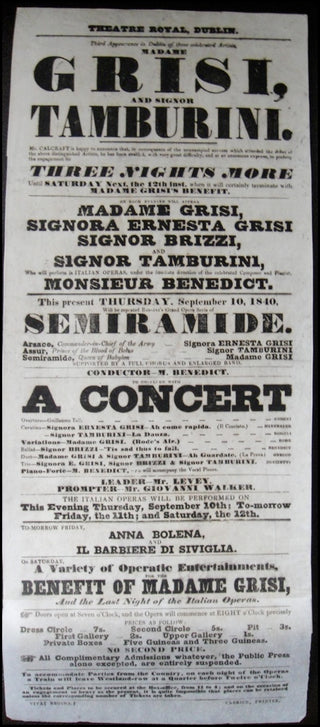 Tamburini, Antonio. (1800 - 1876) &amp; Grisi, Giulia. (1811-1869)  Original 1840 Broadside