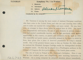 Tansman, Alexandre. (1897–1986) Autograph Signature