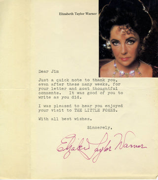 [Film & Theatre] Taylor, Elizabeth. (1932-2011) Typed Letter with Secretarial Signature