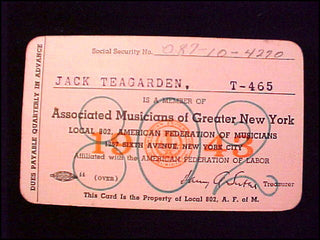 [Jazz & Song] Teagarden, Jack. (1905–1964) Signed New York Musicians Union Card