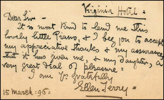 Terry, Ellen. (1847-1928) Autograph Letter about a Piano