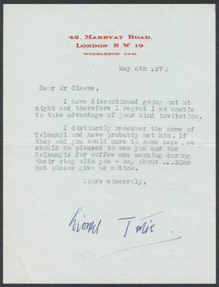 Tertis, Lionel. (1876–1975) [Telmányi, Emil. (1892-1988)] [Cleeve, Montagu. (1894–1993)] Typed Letter Signed about Emil Telmányi