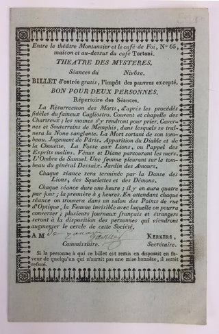 [Occult] [Cagliostro, Alessandro. (1743–1795)] Theatre des Mystères - Original Entrance Ticket