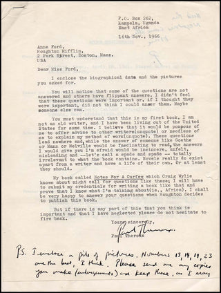 [Literature] Theroux, Paul. (b. 1941) Important Letter and Biographical Questionnaire