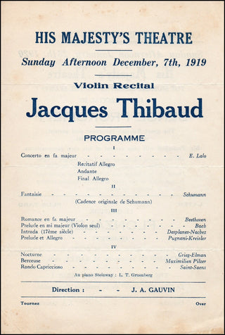 Thibaud, Jacques. (1880-1953) [Prokofiev, Serge] 1919 Recital Program