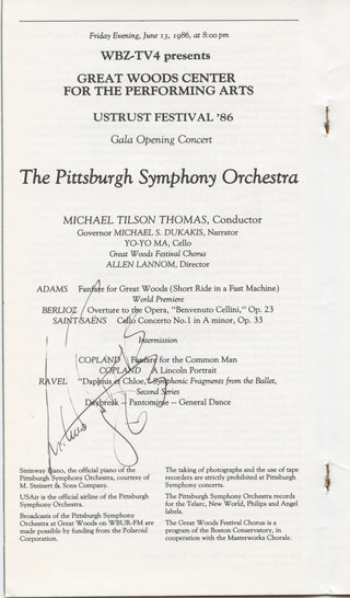 Thomas, Michael Tilson. (b. 1944) Great Woods Center for the Performing Arts Opening Night Gala - Signed Program, 1986