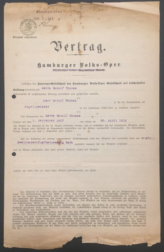 Thomas, Rudolf. Original Contract with the Hamburger Volksoper