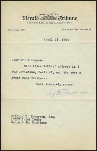 [Literature &amp; Art] [Stein, Gertrude. (1874-1946) &amp; Toklas, Alice B. (1877 - 1967)] Thomson, Virgil. (1896-1989)  Signed Letter Giving the Paris address of Alice B. Toklas