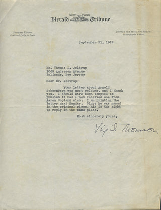 Thomson, Virgil. (1896–1989) Typed Letter Signed about Schoenberg