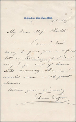 Tietjens, Thérèse. (1831-1877) Autograph Letter to Wilma Neruda Hallé