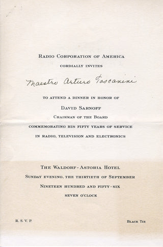 Toscanini, Arturo. (1867–1957) [Sarnoff, David. (1891–1971)] 1956 RCA Dinner Invitation with Telegram from the Conductor