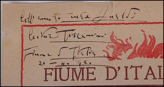 [D&apos;Annunzio, Gabriele. (1863 -1938)] Toscanini, Arturo. (1867-1957) Signed 1920 "Fiume d&apos;Italia" Concert Program to Adriano Lualdi, later denounced by Toscanini