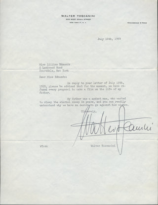 [Toscanini, Arturo. (1867–1957)] Toscanini, Walter. (1898–1971) Two Typed Letters Signed about Toscanini