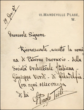 Tosti, Sir Francesco Paolo. (1846-1916) Autograph Letter