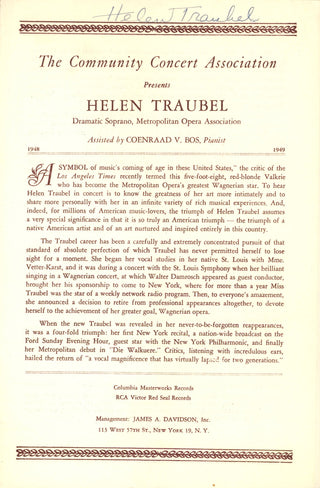 Traubel, Helen. (1899–1972) Signed Program