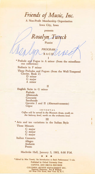 Tureck, Rosalyn. (1914–2003) Signed Program