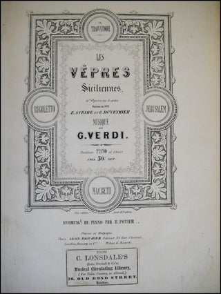 Verdi, Giuseppe. (1813-1901) Les Vêpres siciliennes, Grand Opéra en 5 actes. [Vocal Score]