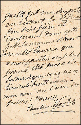 Viardot, Pauline. (1821 - 1910) [Tiersot, Julien. (1857-1936)] Autograph letter signed to the French musicologist and folklorist [Julien] Tiersot.