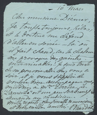 Viardot, Pauline. (1821–1910) [Diémer, Louis. (1843–1919)] Autograph Letter