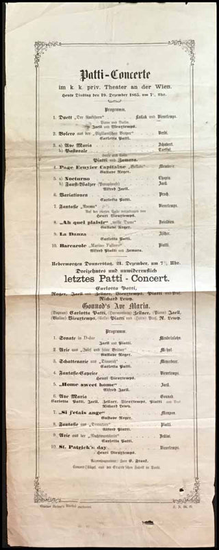 [Violinist] Vieuxtemps, Henri. (1820-1881) &amp; Piatti, Alfredo. (1822 - 1901) &amp; Patti, Carlotta. (1835-1889) Original 1865 Double Concert Playbill