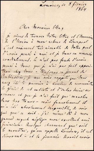 Bülow, Hans Von. (1830-1894) [Ella, John (1802-1888)] Autograph Letter mentioning Rubinstein