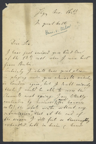 Bülow, Hans von. (1830–1894) Autograph Letter