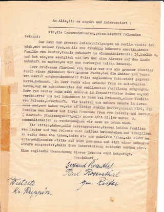 [Von Reuter, Florizel. (1890–1985)] Typed Document Signed about Hiding Persecuted Jews