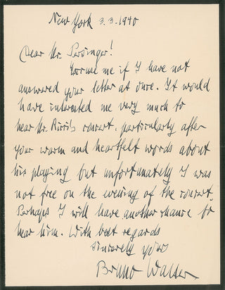 [Violin] [Ricci, Ruggiero. (1918–2012)] Walter, Bruno. (1876–1962)  Autograph Letter from Bruno Walter to Louis Persinger about Ricci!