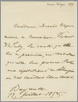 Wagner, Cosima. (1837-1930) Autograph Letter from Bayreuth to Vincent d&apos;Indy