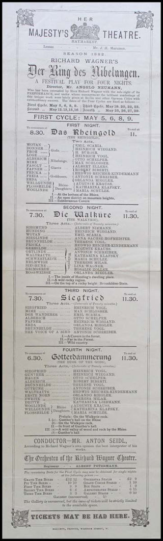 Wagner, Richard. (1813–1883) Der Ring des Nibelungen  - 1882 London Broadside Playbill