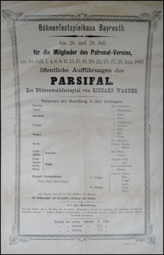 Wagner, Richard. (1813–1883) Broadside Poster from 1882 "Parsifal" Premiere