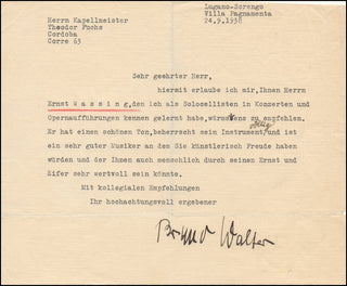 Walter, Bruno. (1876–1962) Signed 1938 Letter