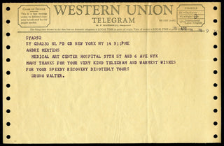 Walter, Bruno. (1876–1962) [Mertens, André. (1904?–1963)] Original Telegram