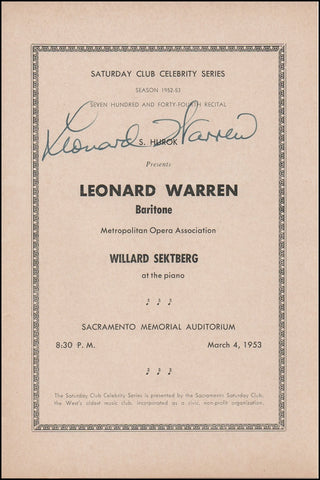 Warren, Leonard. (1911-1960) Signed Recital Program