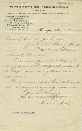 Washington, Booker T. (ca. 1856–1915) Signed Letter