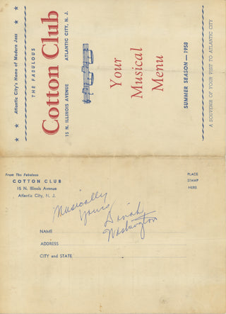 Washington, Dinah. (1924–1963) Signed 1958 "Cotton Club...Musical Menu" Concert Prospectus and Original Photograph