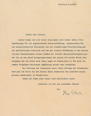 Weill, Kurt. (1900-1950) Typed Letter Signed about "Der Zar lässt sich photographieren"