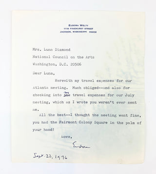 Welty, Eudora. (1909–2001) Signed Letter Regarding the National Council on the Arts Meeting